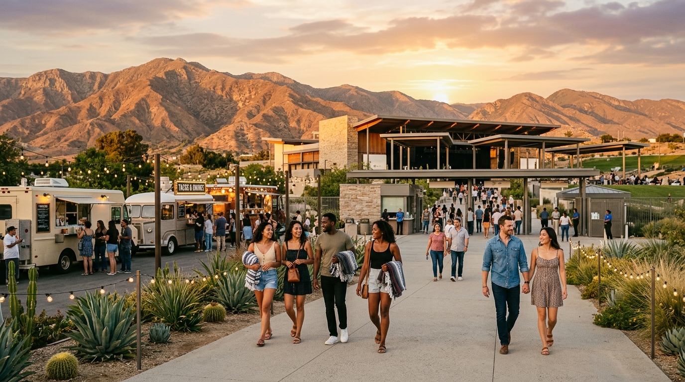 Concertgoers arriving at Palmdale Amphitheater for an evening performance