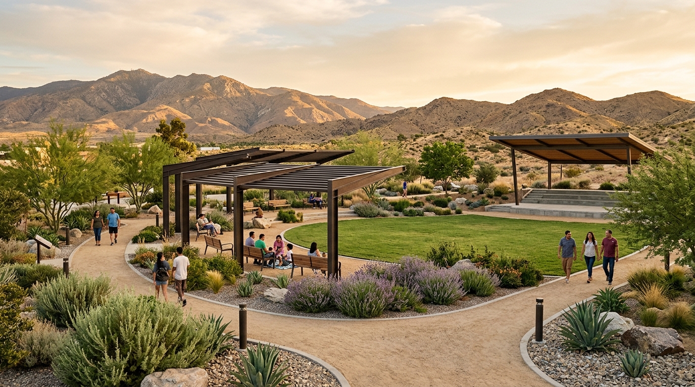Drought-tolerant landscaping and shaded gathering space at a Palmdale park
