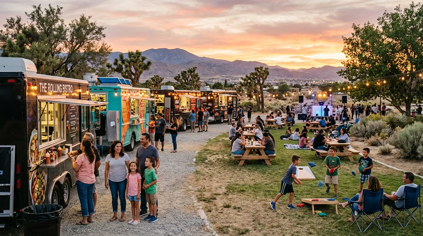 Families enjoying food trucks at Yellen Night Bites in Palmdale