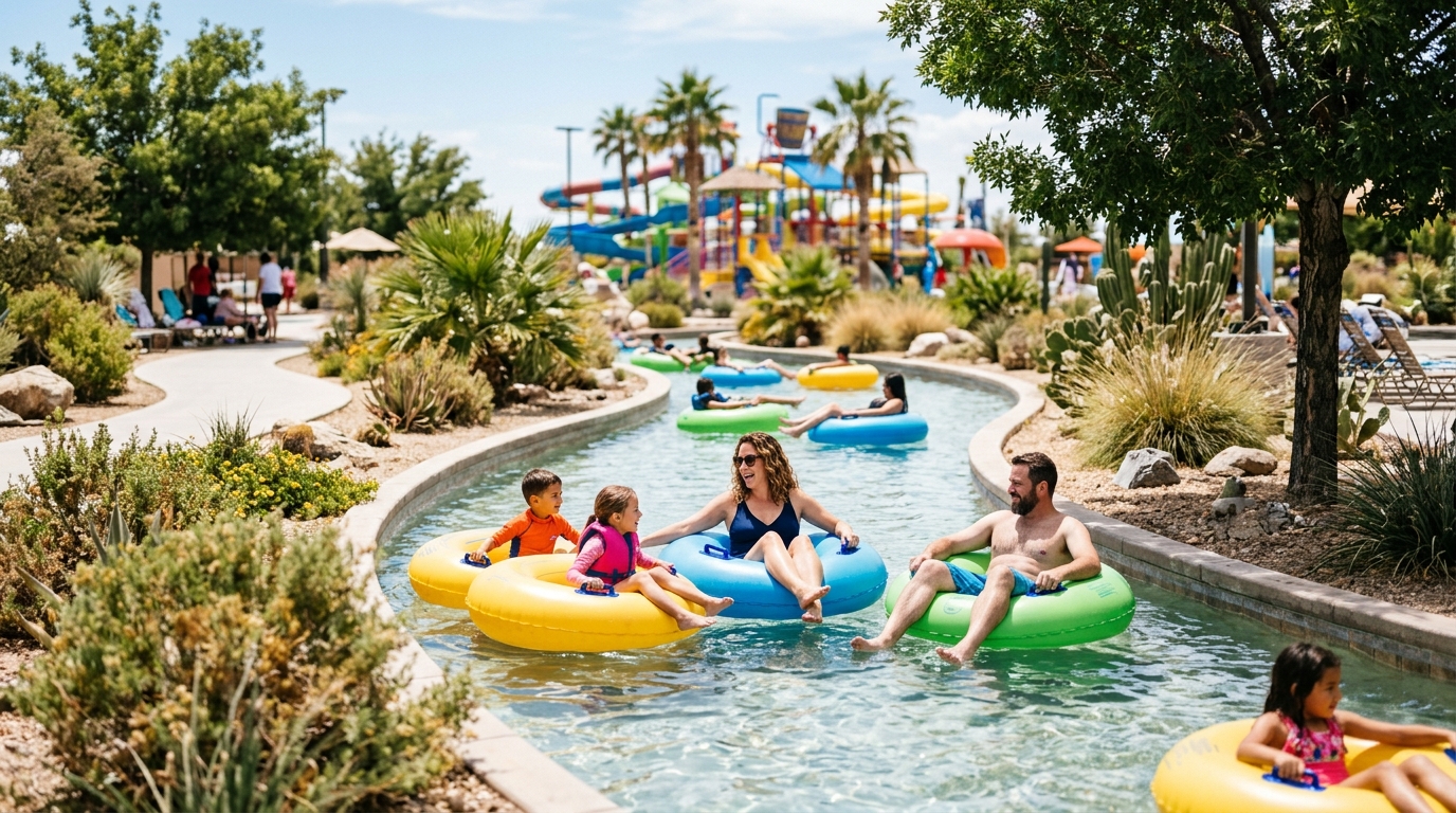Families floating along the lazy river at a Palmdale water park