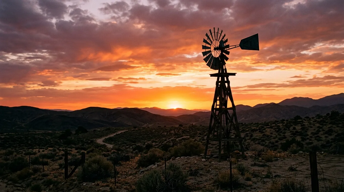 Windmill in the High Desert at sunset