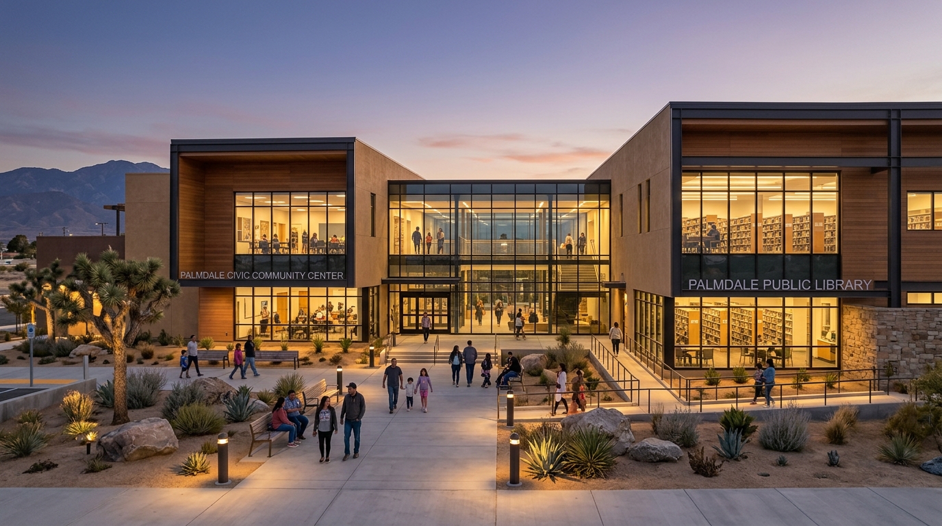 Two-level glass concourse connecting the renovated Chimbole Center and Palmdale City Library